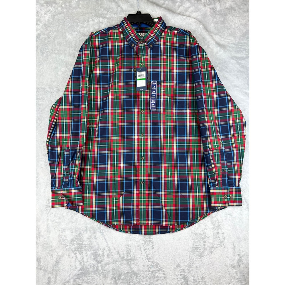 IZOD Mens Large Plaid Long Sleeve Button Down Shirt Casual Classic Fit Red Green